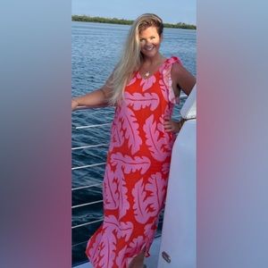 Pink and orange ruffled-sleeve tropical print maxi